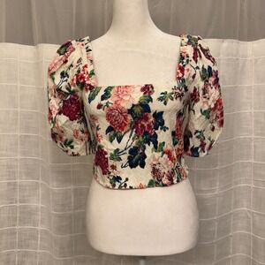 Zara Floral Puff Sleeve Crop Top Square Neck Multi Color Textured Womens Size M